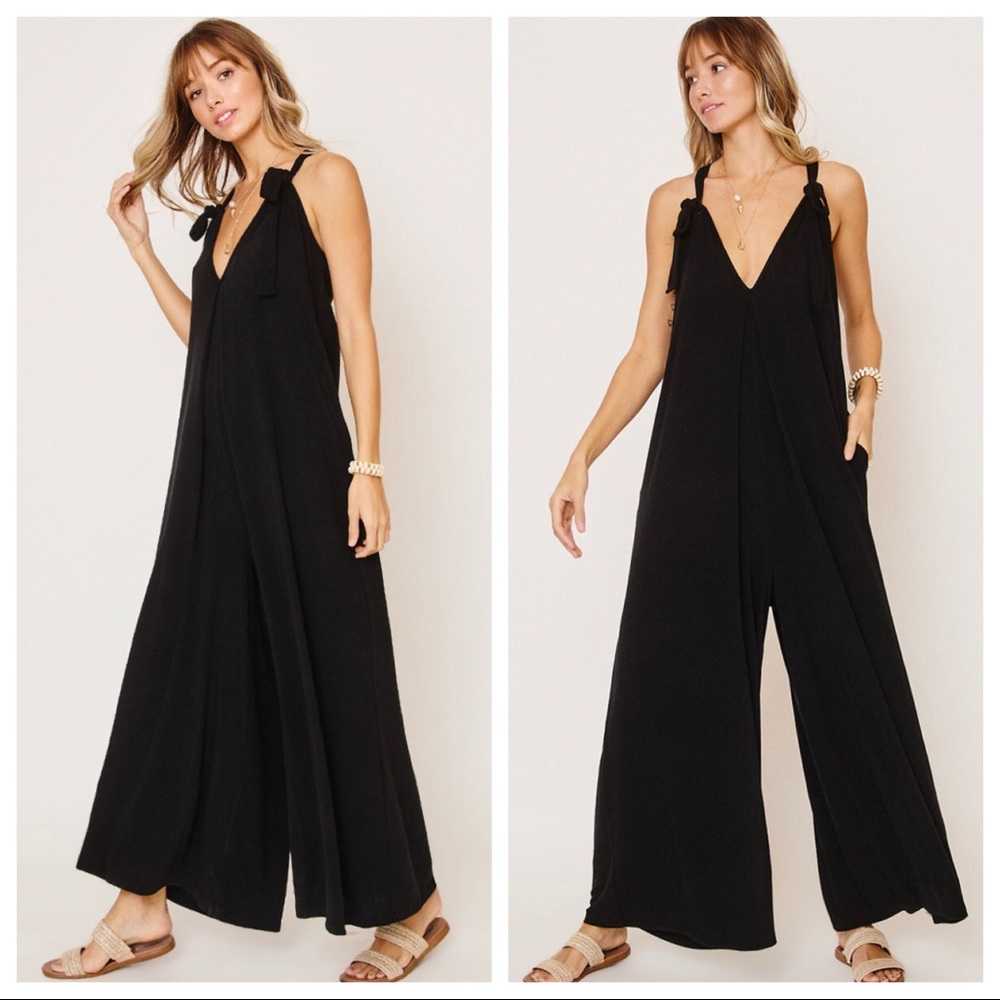 Boho Fabulous Tie shoulder Black Maxi wide leg jumpsuit - Picture 2 of 5
